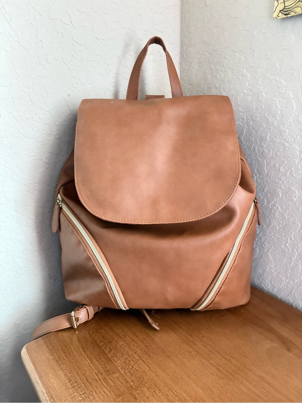 Classic Women's Backpack Tote - Tan Faux Leather